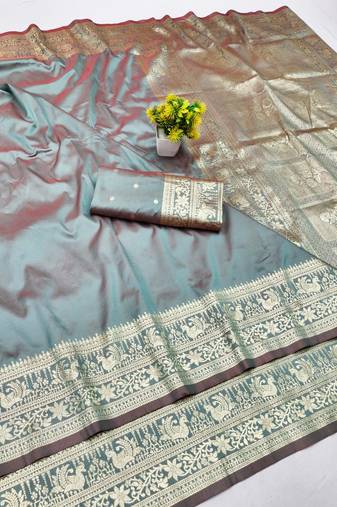 Grey zari woven silk traditional saree with blouse piece