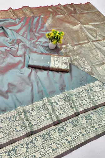 Grey zari woven silk traditional saree with blouse piece