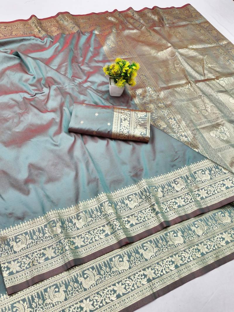 Grey zari woven banarasi silk traditional saree with blouse piece