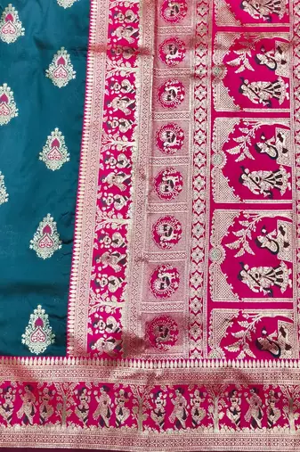 Dark blue zari woven baluchari silk traditional saree with blouse piece