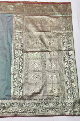 Grey zari woven silk traditional saree with blouse piece