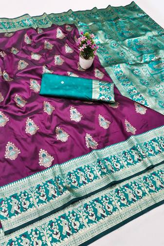 Wine zari woven baluchari silk traditional saree with blouse piece