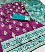 Wine zari woven baluchari silk traditional saree with blouse piece