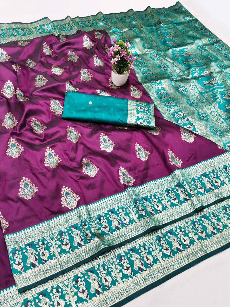 Wine zari woven baluchari silk traditional saree with blouse piece