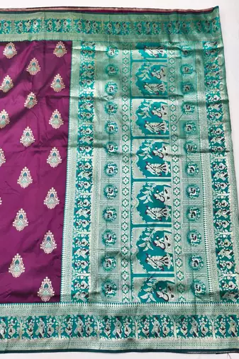 Wine zari woven baluchari silk traditional saree with blouse piece