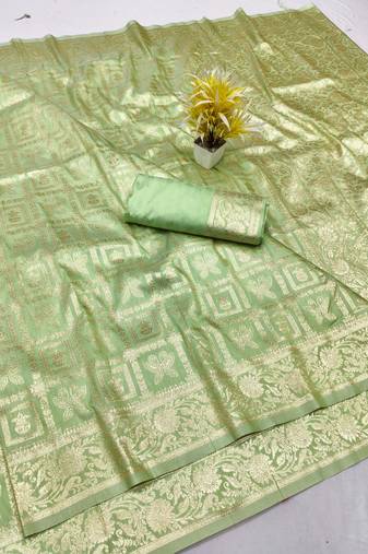 Light green zari woven silk traditional saree with blouse piece