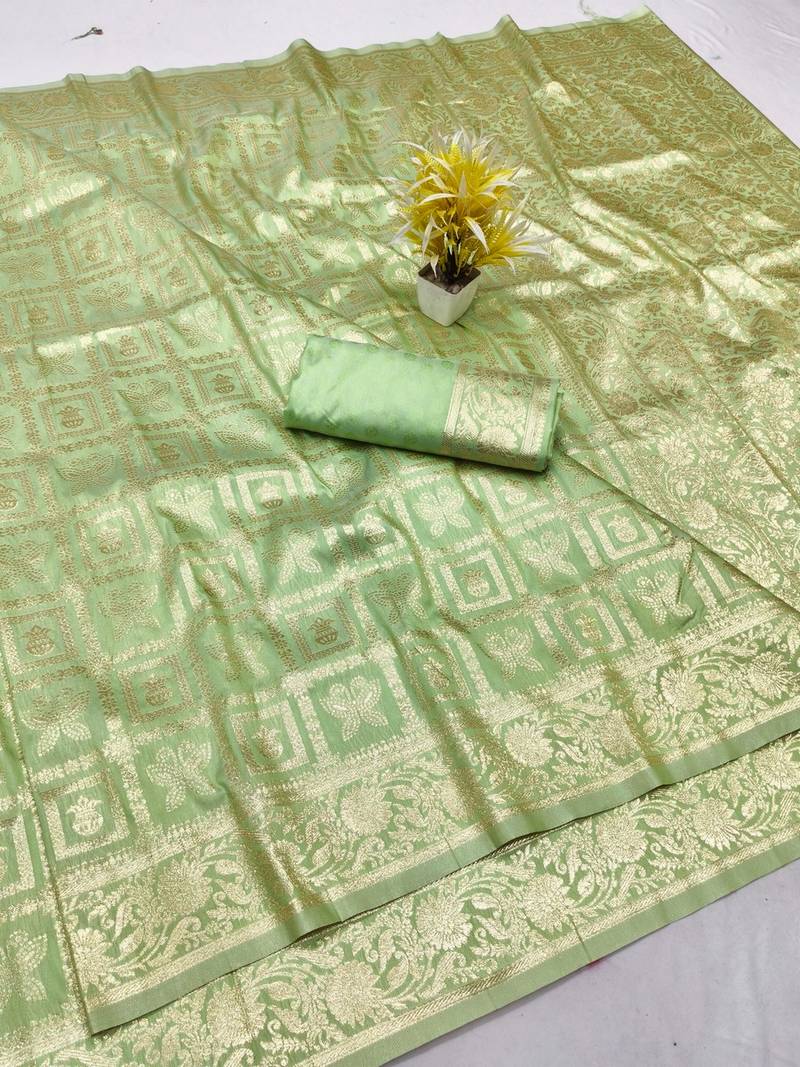 Light green zari woven banarasi silk traditional saree with blouse piece