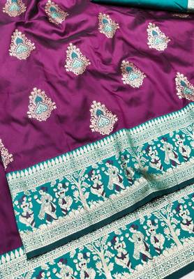 Wine zari woven baluchari silk traditional saree with blouse piece 3
