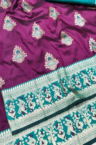 Wine zari woven baluchari silk traditional saree with blouse piece