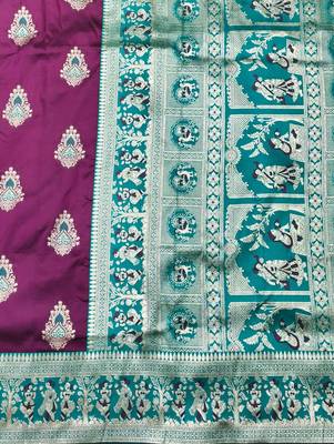 Wine zari woven baluchari silk traditional saree with blouse piece 5