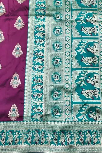 Wine zari woven baluchari silk traditional saree with blouse piece