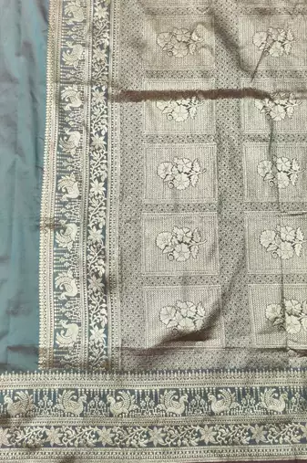 Grey zari woven silk traditional saree with blouse piece