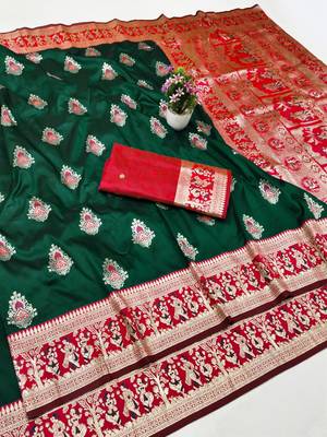 Green zari woven baluchari silk traditional saree with blouse piece 1