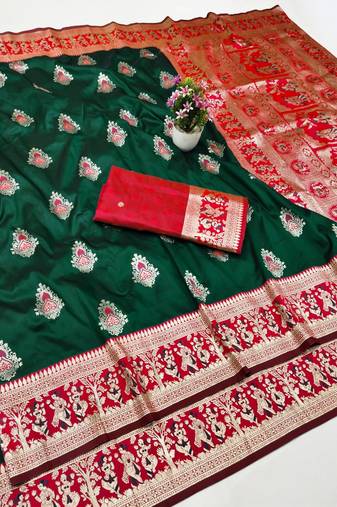 Green zari woven baluchari silk traditional saree with blouse piece