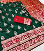 Green zari woven baluchari silk traditional saree with blouse piece