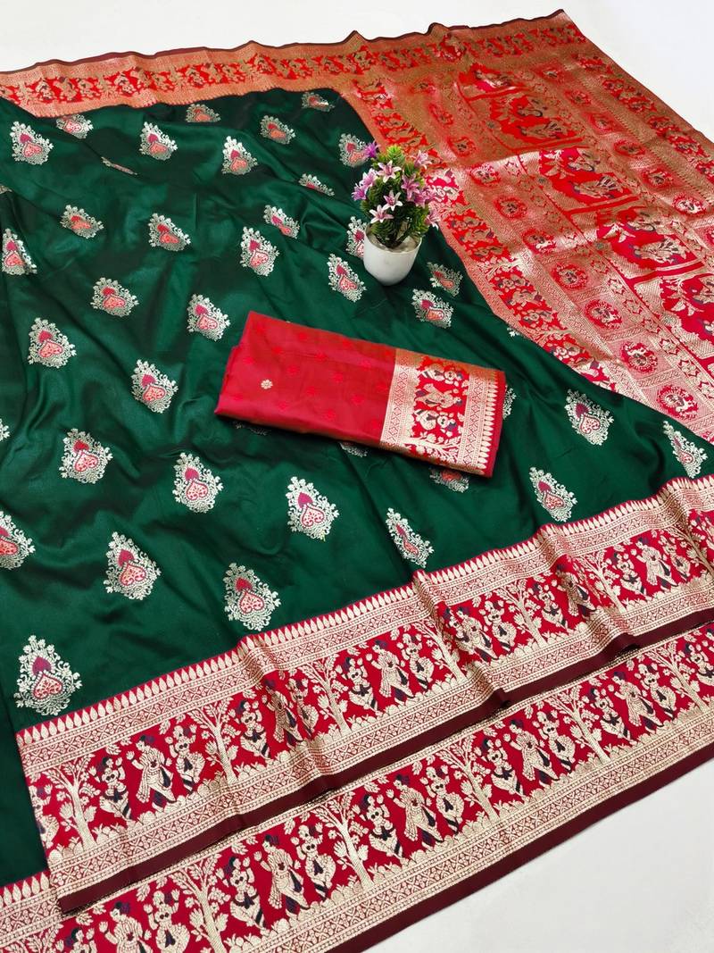 Green zari woven baluchari silk traditional saree with blouse piece