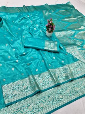 Blue zari woven silk traditional saree with blouse piece 1