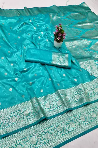 Blue zari woven silk traditional saree with blouse piece