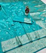 Blue zari woven banarasi silk traditional saree with blouse piece
