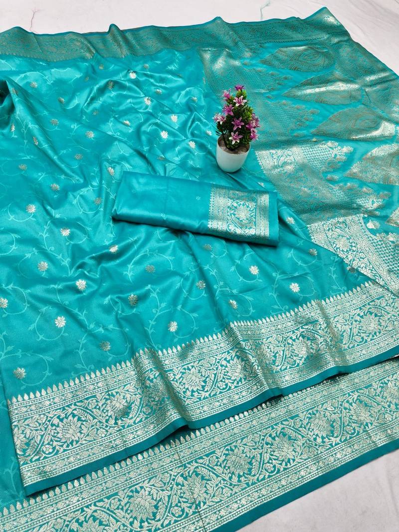 Blue zari woven banarasi silk traditional saree with blouse piece