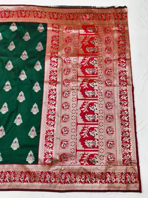 Green zari woven baluchari silk traditional saree with blouse piece 2
