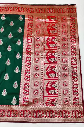 Green zari woven baluchari silk traditional saree with blouse piece