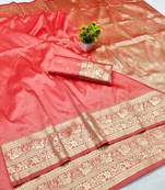 Peach zari woven banarasi silk traditional saree with blouse piece