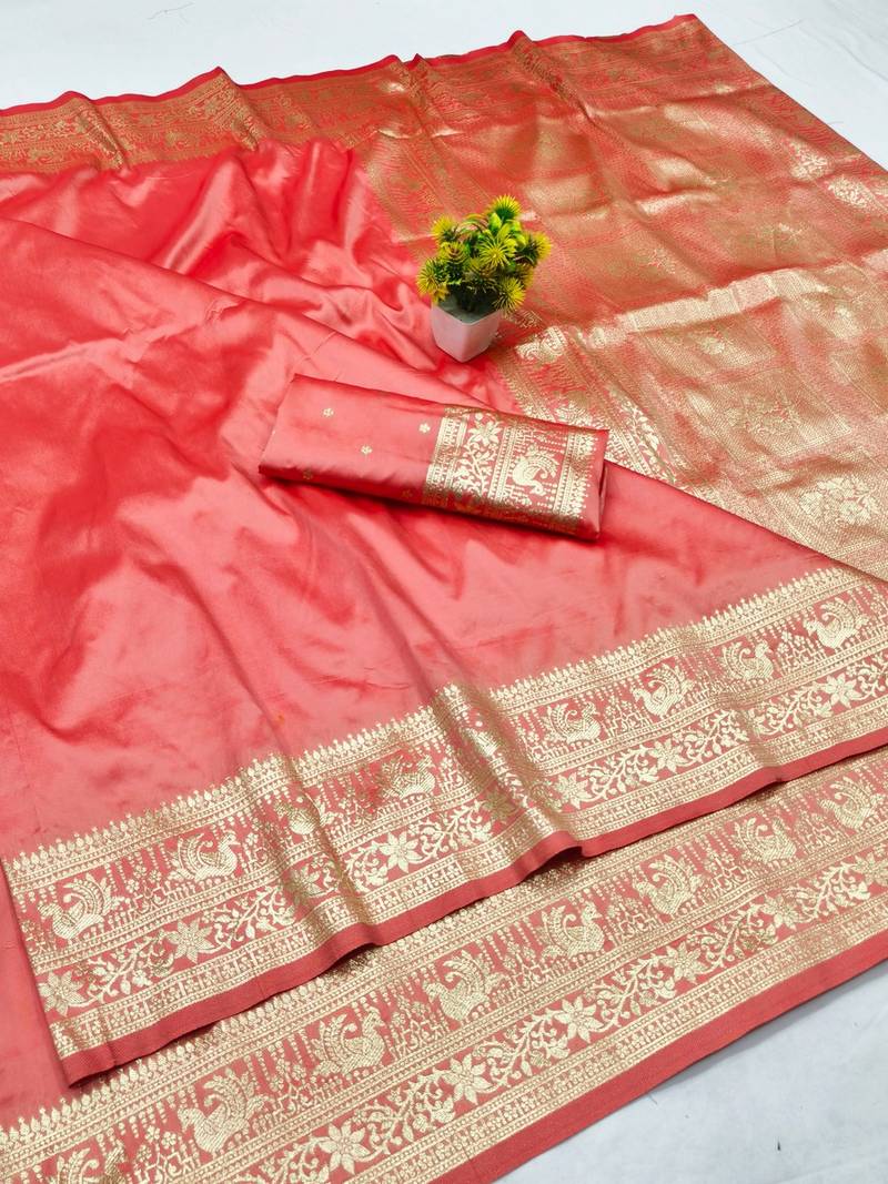 Peach zari woven banarasi silk traditional saree with blouse piece