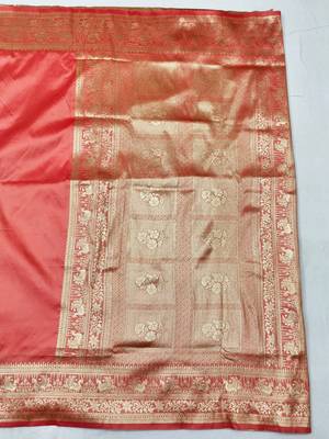 Peach zari woven silk traditional saree with blouse piece 2
