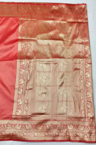 Peach zari woven silk traditional saree with blouse piece