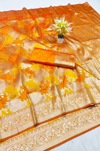Gold zari woven banarasi silk traditional saree with blouse piece