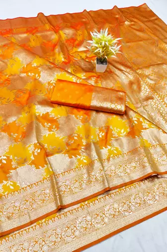 Gold zari woven silk traditional saree with blouse piece