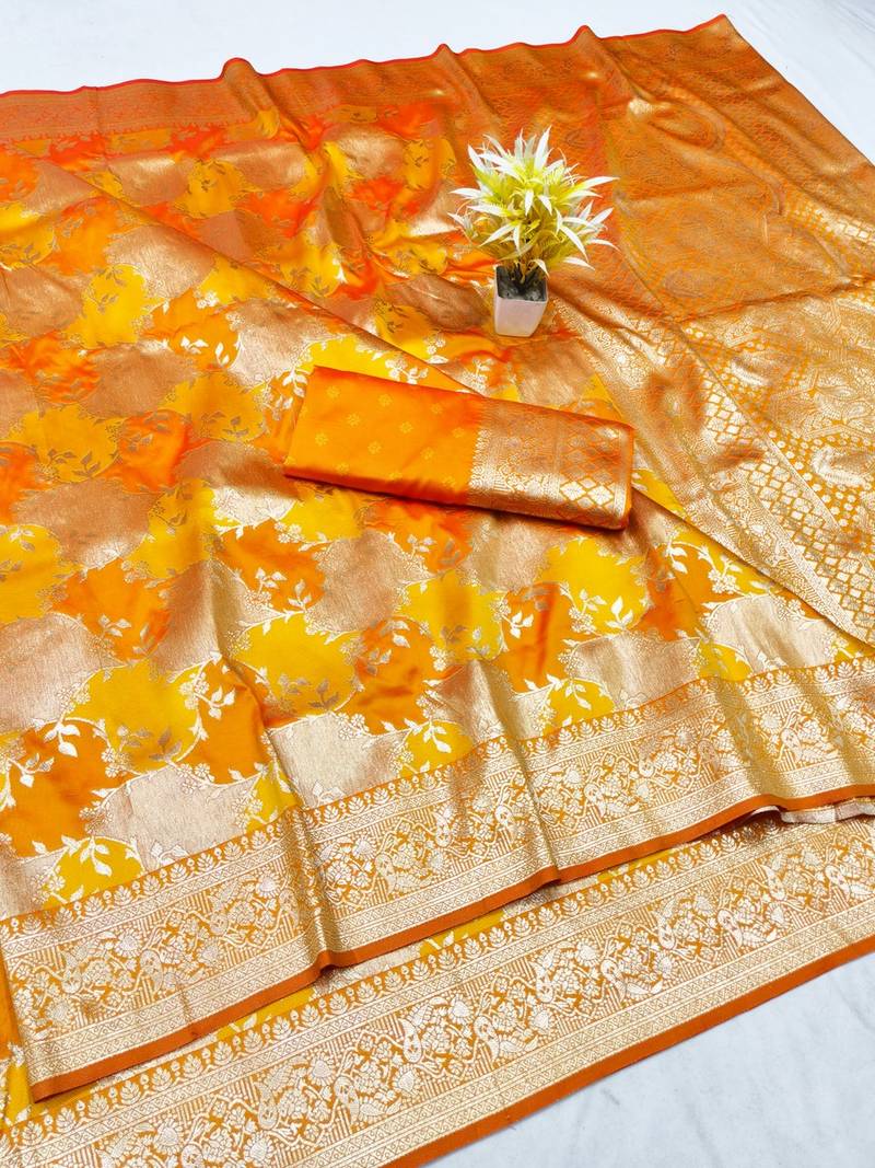 Gold zari woven banarasi silk traditional saree with blouse piece
