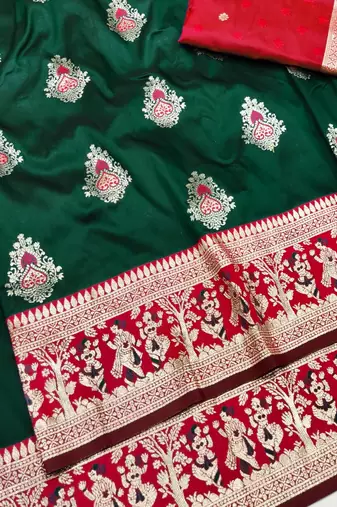 Green zari woven baluchari silk traditional saree with blouse piece