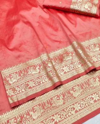 Peach zari woven silk traditional saree with blouse piece 3