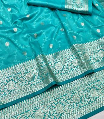 Blue zari woven silk traditional saree with blouse piece 3