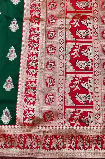 Green zari woven baluchari silk traditional saree with blouse piece