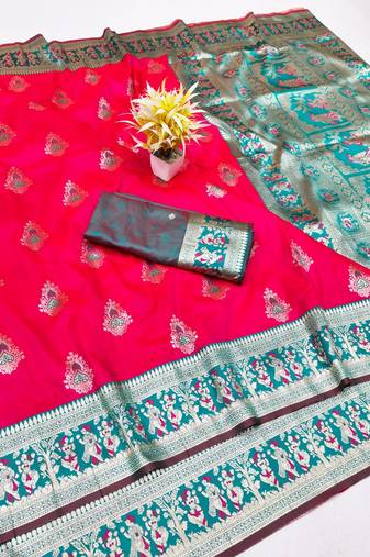 Rani zari woven baluchari silk traditional saree with blouse piece