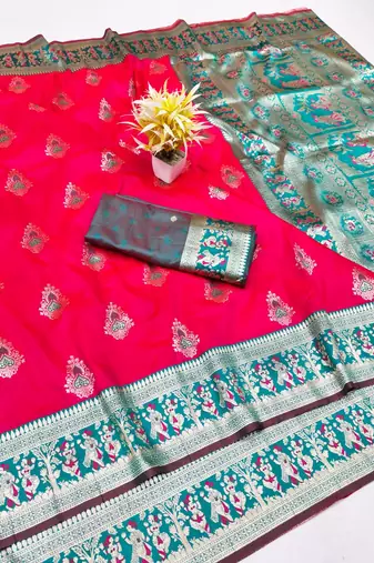 Rani zari woven baluchari silk traditional saree with blouse piece