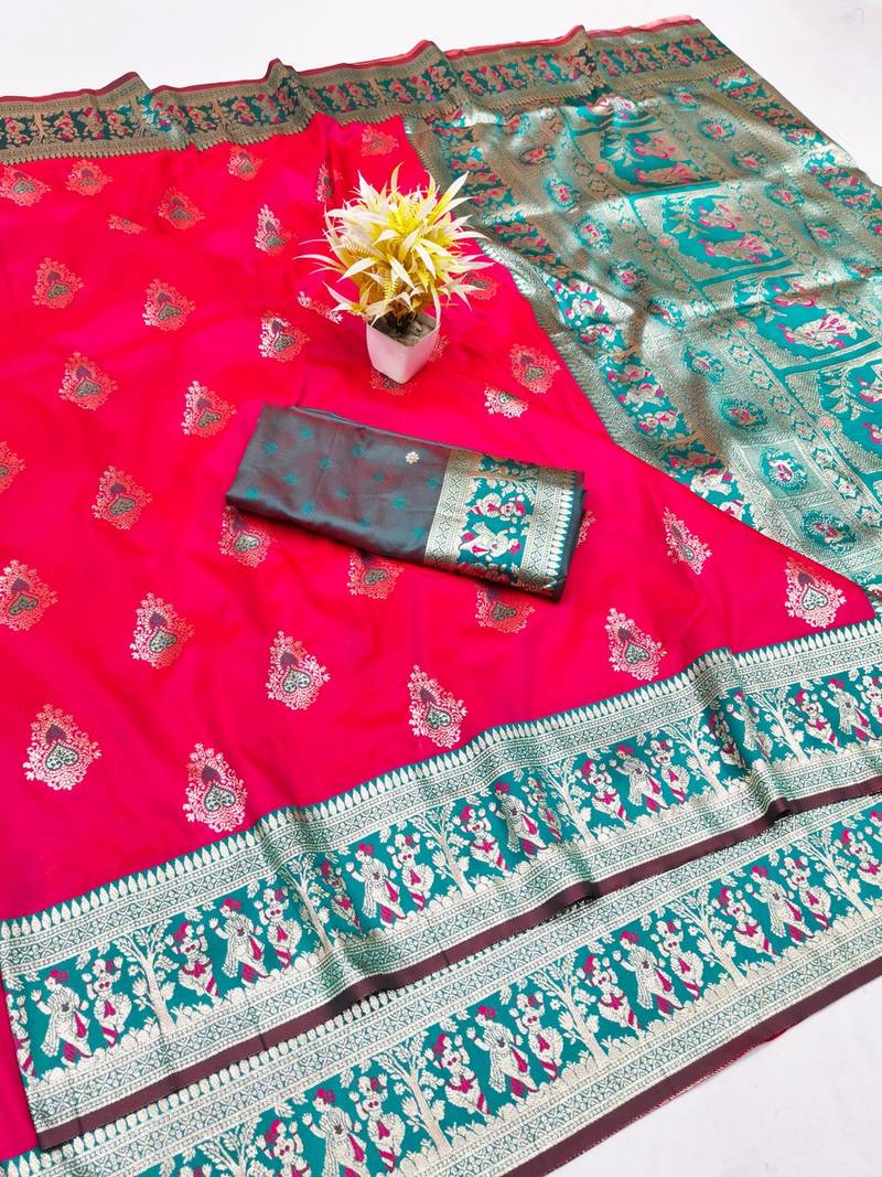 Rani zari woven baluchari silk traditional saree with blouse piece
