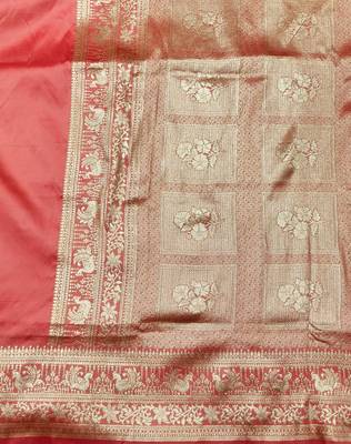 Peach zari woven silk traditional saree with blouse piece 5
