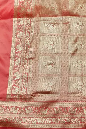 Peach zari woven silk traditional saree with blouse piece