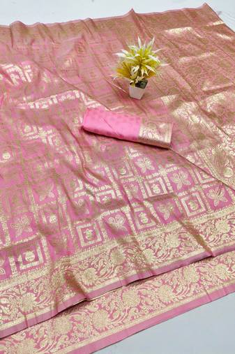 Pink zari woven silk traditional saree with blouse piece