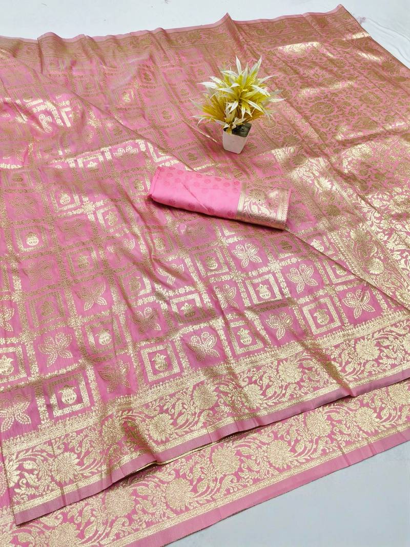Pink zari woven banarasi silk traditional saree with blouse piece