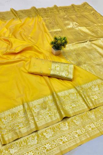 Gold zari woven silk traditional saree with blouse piece