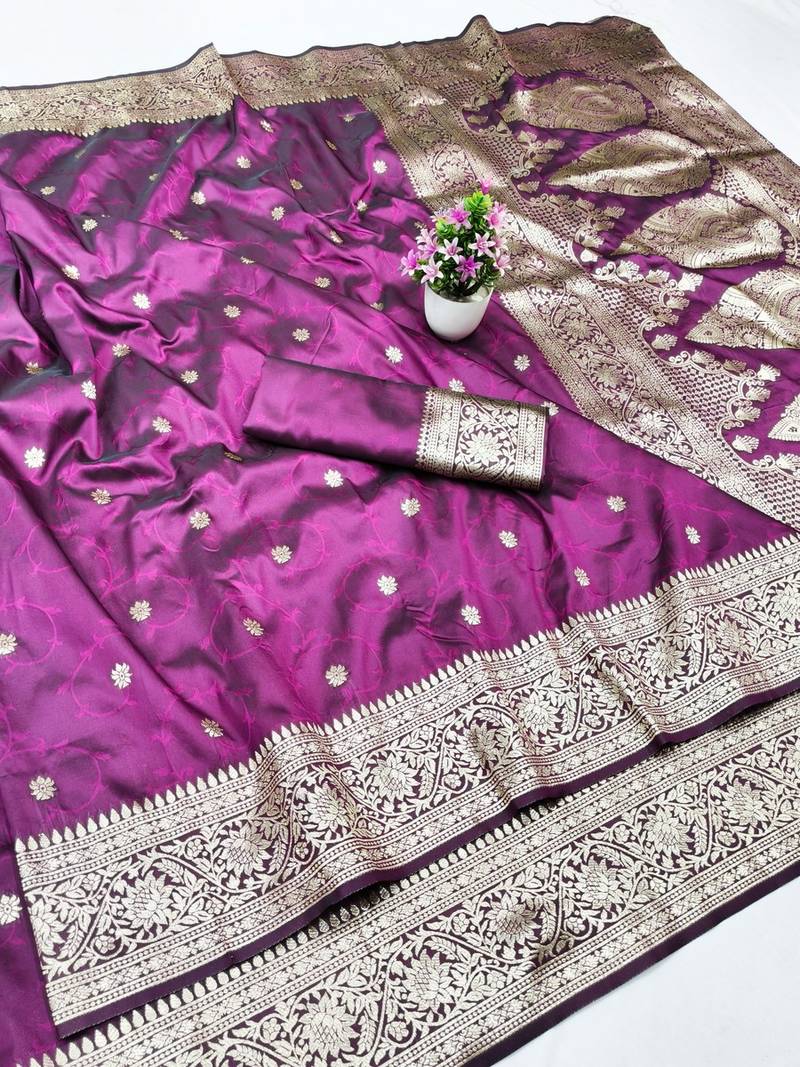 Wine zari woven banarasi silk traditional saree with blouse piece