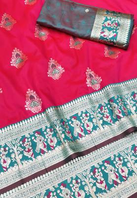 Rani zari woven baluchari silk traditional saree with blouse piece 3