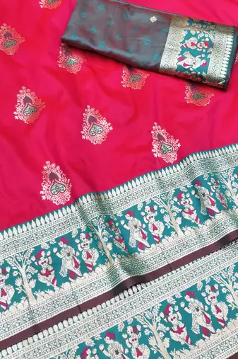 Rani zari woven baluchari silk traditional saree with blouse piece