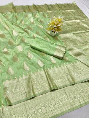 Light green zari woven silk traditional saree with blouse piece 1