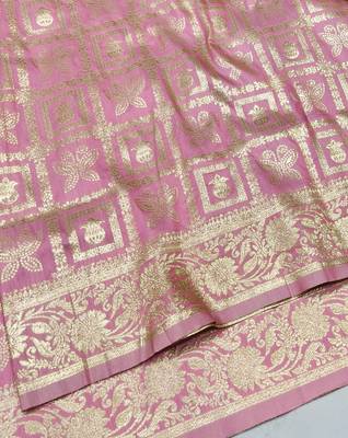 Pink zari woven silk traditional saree with blouse piece 3